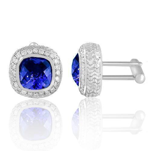 14K Solid White Gold Mens Diamond Cufflinks With Blue Sapphire 9.00 Ctw