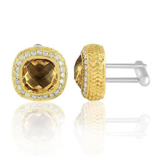14K Solid Yellow Gold Mens Diamond Cufflinks With Champagne Citrine 9.00 Ctw
