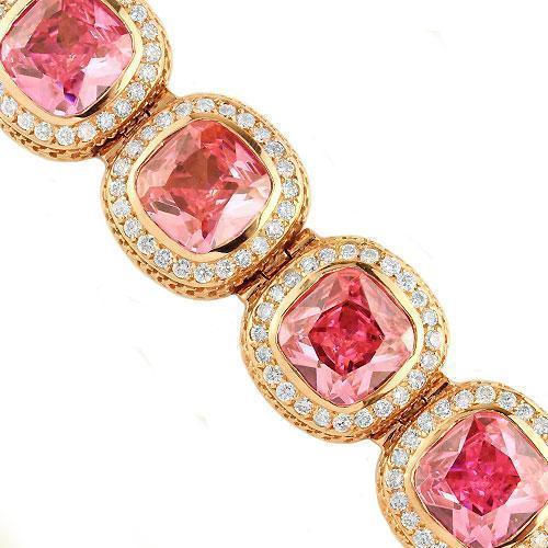 14K Rose Solid Gold Mens Diamond Pink Sapphire Bracelet 56.00 Ctw