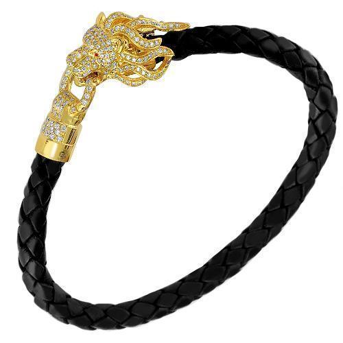 14K Solid Yellow Gold Custom Design Diamond Lion Head Rubber Bracelet 2.50 Ctw