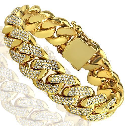 14K Solid Yellow Gold Mens Diamond Cuban Bracelet 19.00 Ctw