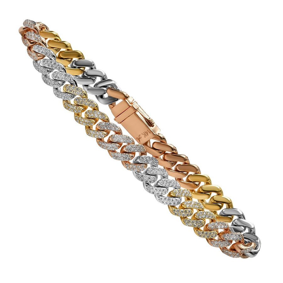 Pulsera cubana de diamantes de oro tricolor de 14 quilates y 4,5 quilates