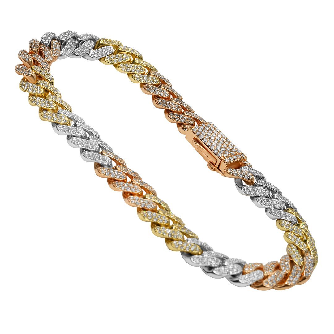 Pulsera cubana de diamantes de oro tricolor de 14 quilates y 4,5 quilates