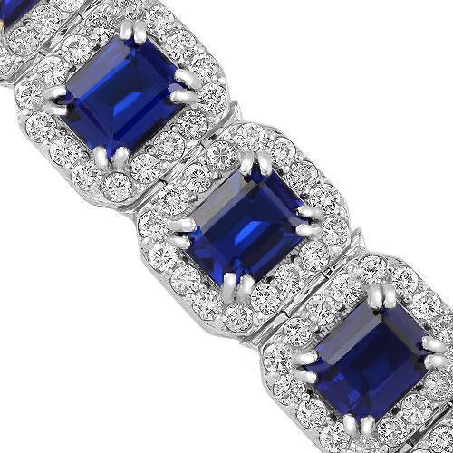14K White Solid Gold Mens Diamond Blue Sapphire Bracelet 56.00 Ctw