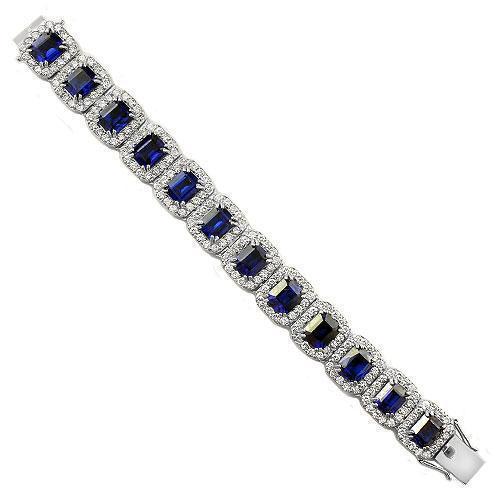 14K White Solid Gold Mens Diamond Blue Sapphire Bracelet 56.00 Ctw