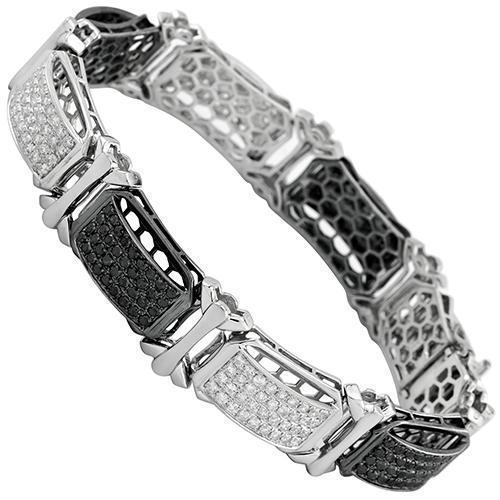 14K White Solid Gold Mens Diamond Bracelet with Black Diamonds 14.00 Ctw