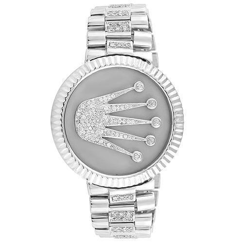 14K White Solid Gold Mens Diamond Bracelet With Crown 5.68 Ctw