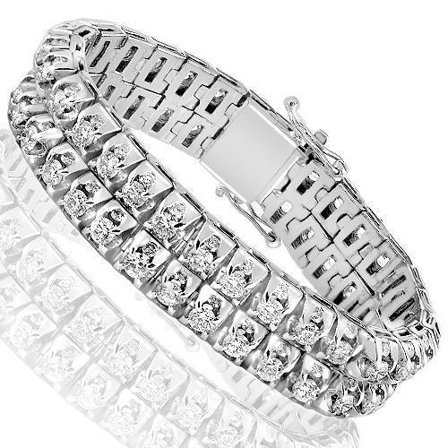 14K White Solid Gold Mens Two Row Diamond Customized Tennis Bracelet With Side Stones 26.60 Ctw