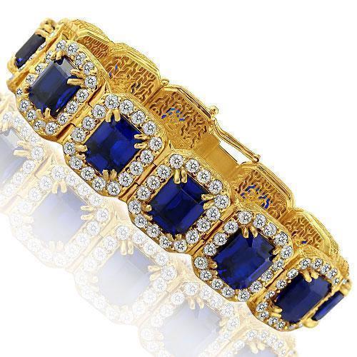 14K Yellow Solid Gold Mens Diamond Blue Sapphire Bracelet Ctw