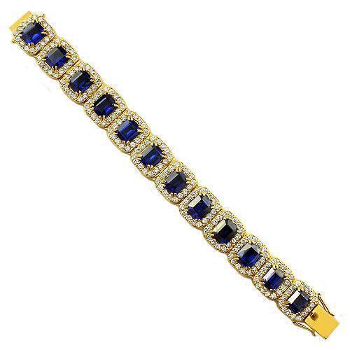 14K Yellow Solid Gold Mens Diamond Blue Sapphire Bracelet 56.00 Ctw