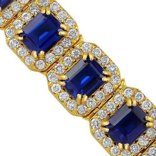14K Yellow Solid Gold Mens Diamond Blue Sapphire Bracelet 56.00 Ctw
