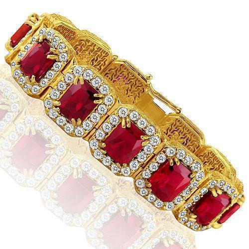 14K Yellow Solid Gold Mens Diamond Red Ruby Bracelet 56.00 Ctw