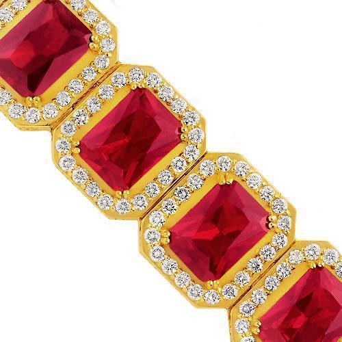 14K Yellow Solid Gold Mens Diamond Ruby Bracelet 121.5 Ctw