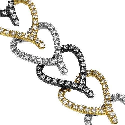 18K Tri Color Solid Gold Womens Diamond Heart Bracelet 4.46 Ctw
