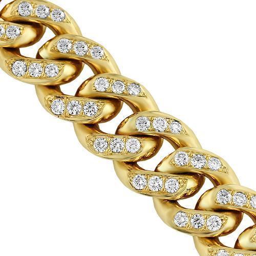 18K Yellow Solid Gold Mens Diamond Pave Set Cuban Bracelet 8.00 Ctw