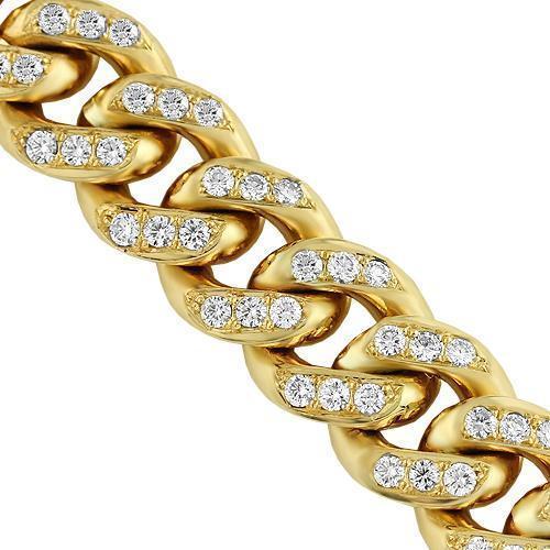 18K Yellow Solid Gold Mens Diamond Pave Set Cuban Bracelet Ctw