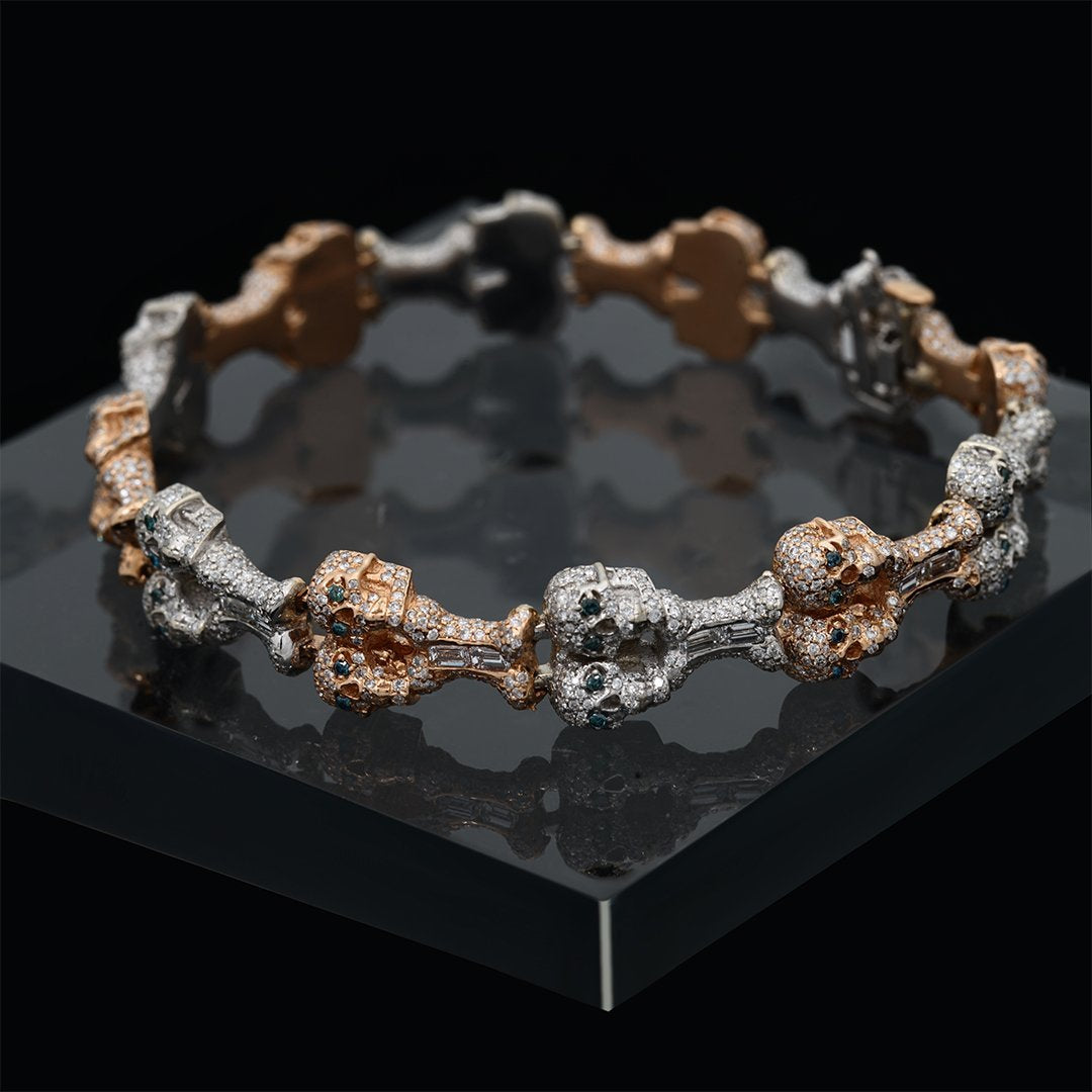 14k Two Tone Gold Diamond Skulls Bracelet 8.18 Ctw