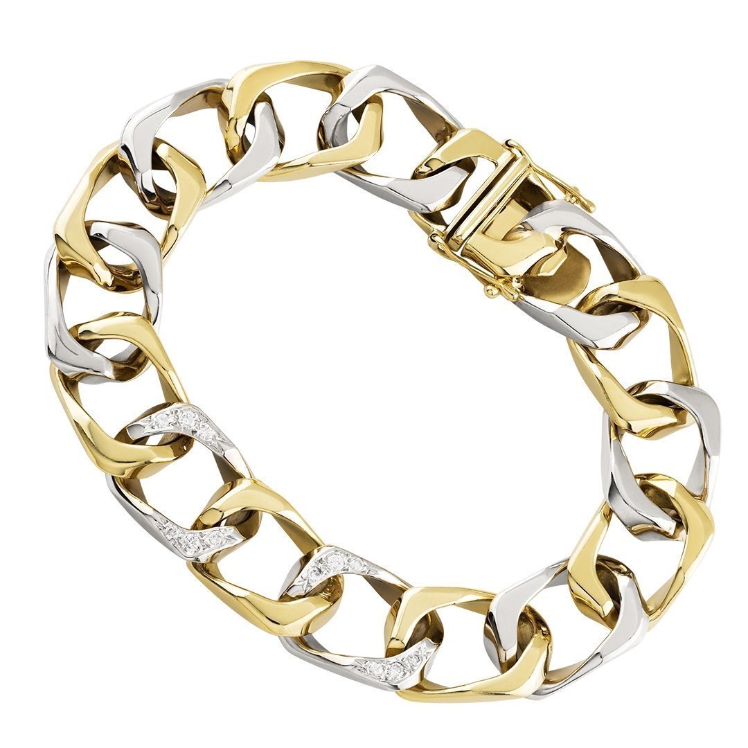 Diamond Square Curb Bracelet in 14k Two Tone Gold 12 mm 0.25 Ctw