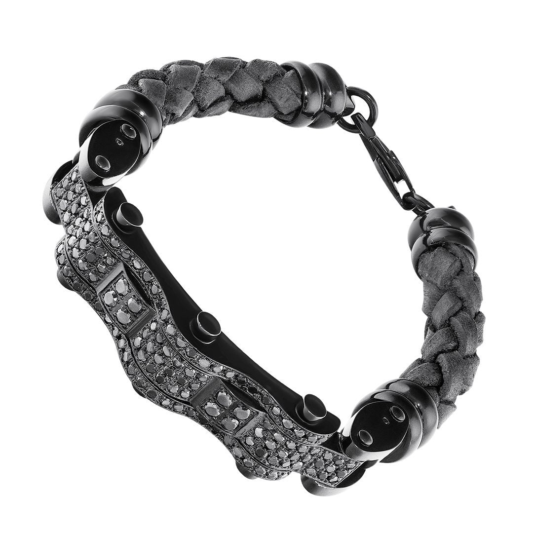 Black Stainless Steal Leather Black Diamond Bracelet 4.5 Ctw