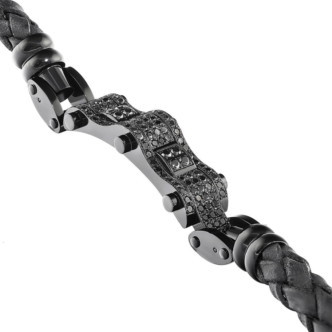 Black Stainless Steal Leather Black Diamond Bracelet 4.5 Ctw