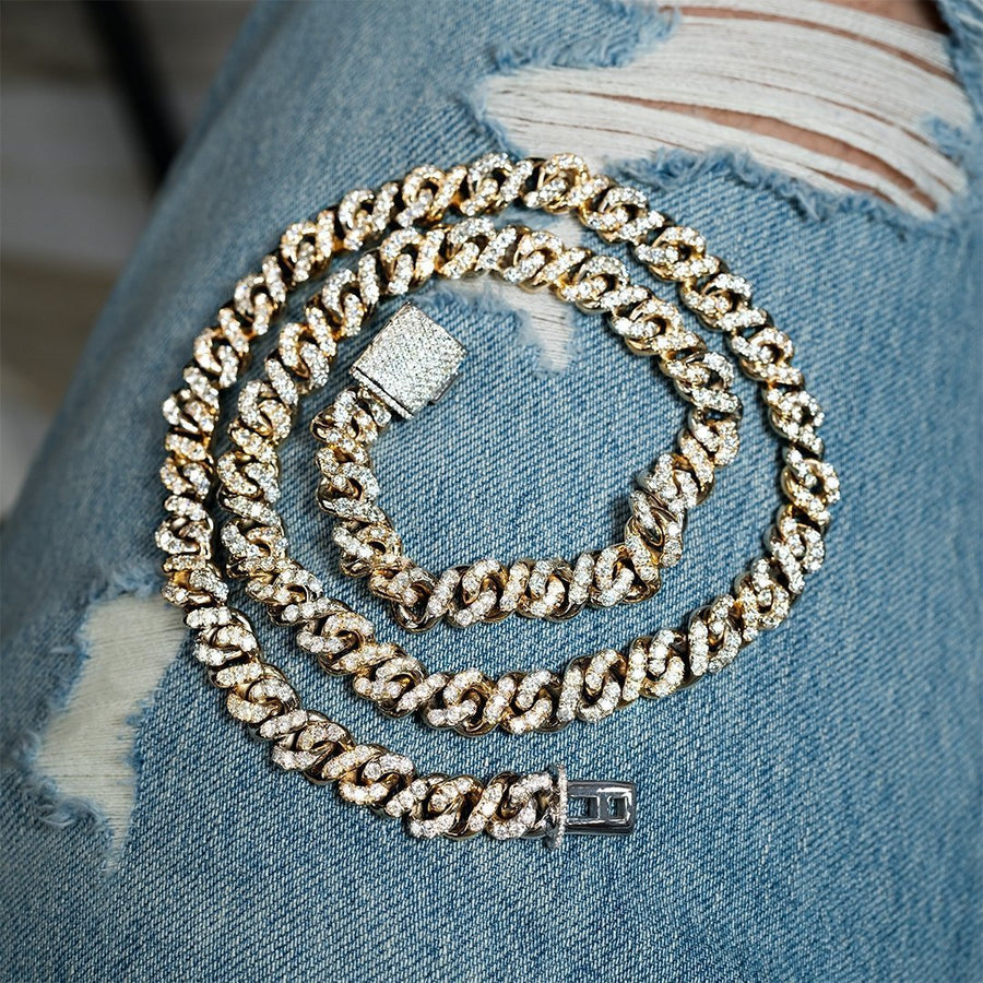 Two Tone Gold Diamond Infinity Cuban Link Chain 21.5 Inches 9 mm 18 Ctw