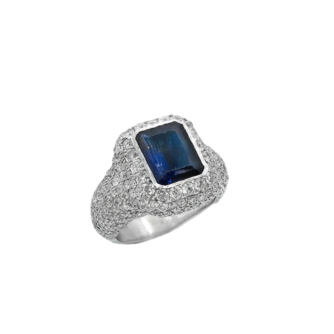 Anillo de oro blanco de 14 k con zafiro azul y diamantes para hombre (3,60 cts)