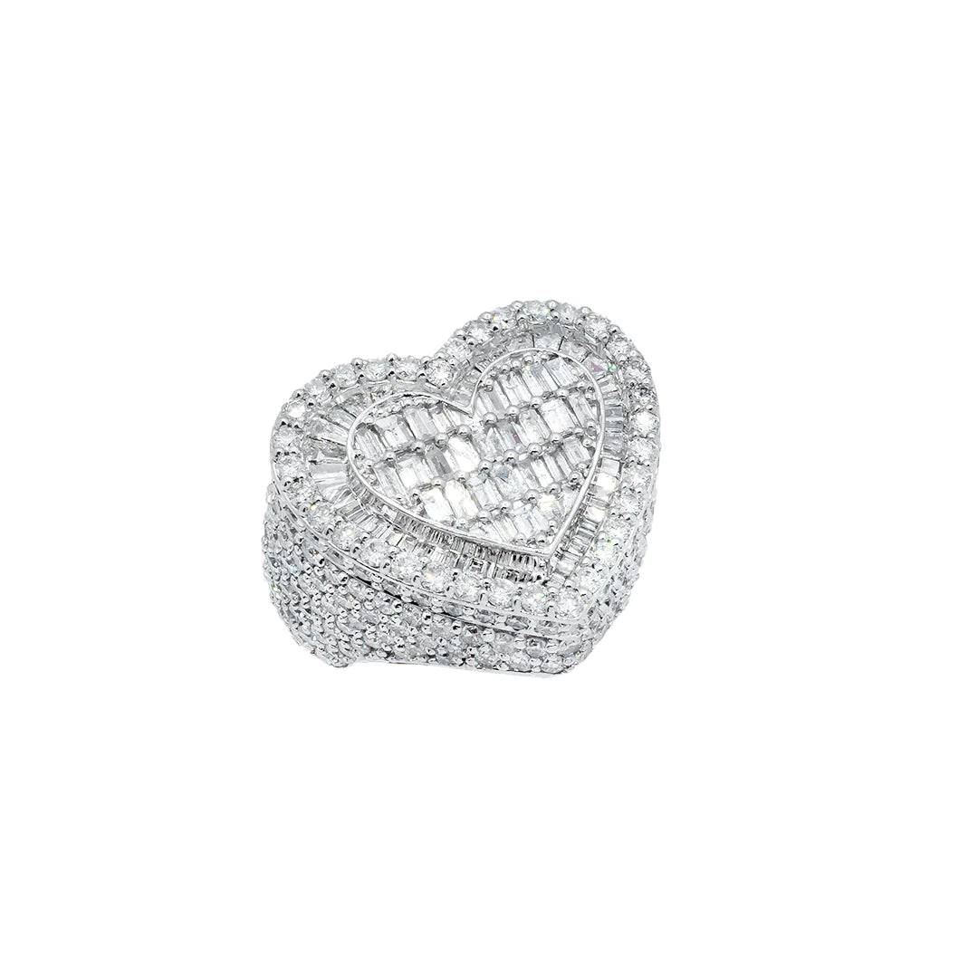 14k White Gold Baguette Diamond Heart Ring 6.43ctw