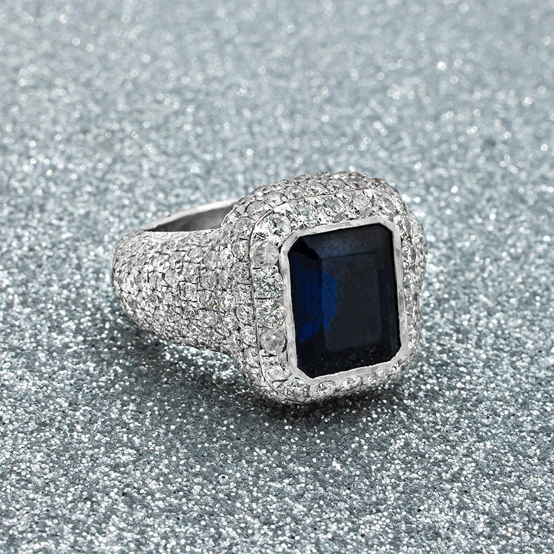 14k White Gold Mens Diamond Blue Sapphire Ring 3.60 ctw