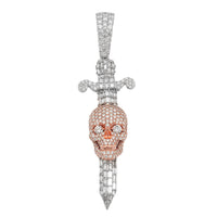 Thumbnail for 10k Two Tone Rose and White Gold Diamond Skull Dagger Pendant 3.59 ctw