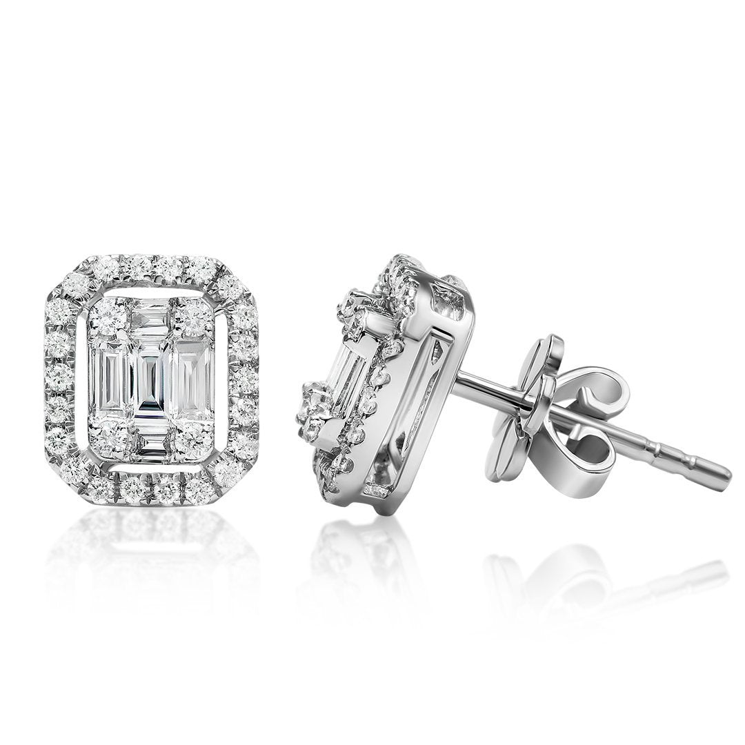 18K White Gold Half Carat Baguette and Round Cut Diamond Earrings
