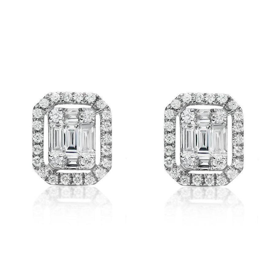 18K White Gold Half Carat Baguette and Round Cut Diamond Earrings