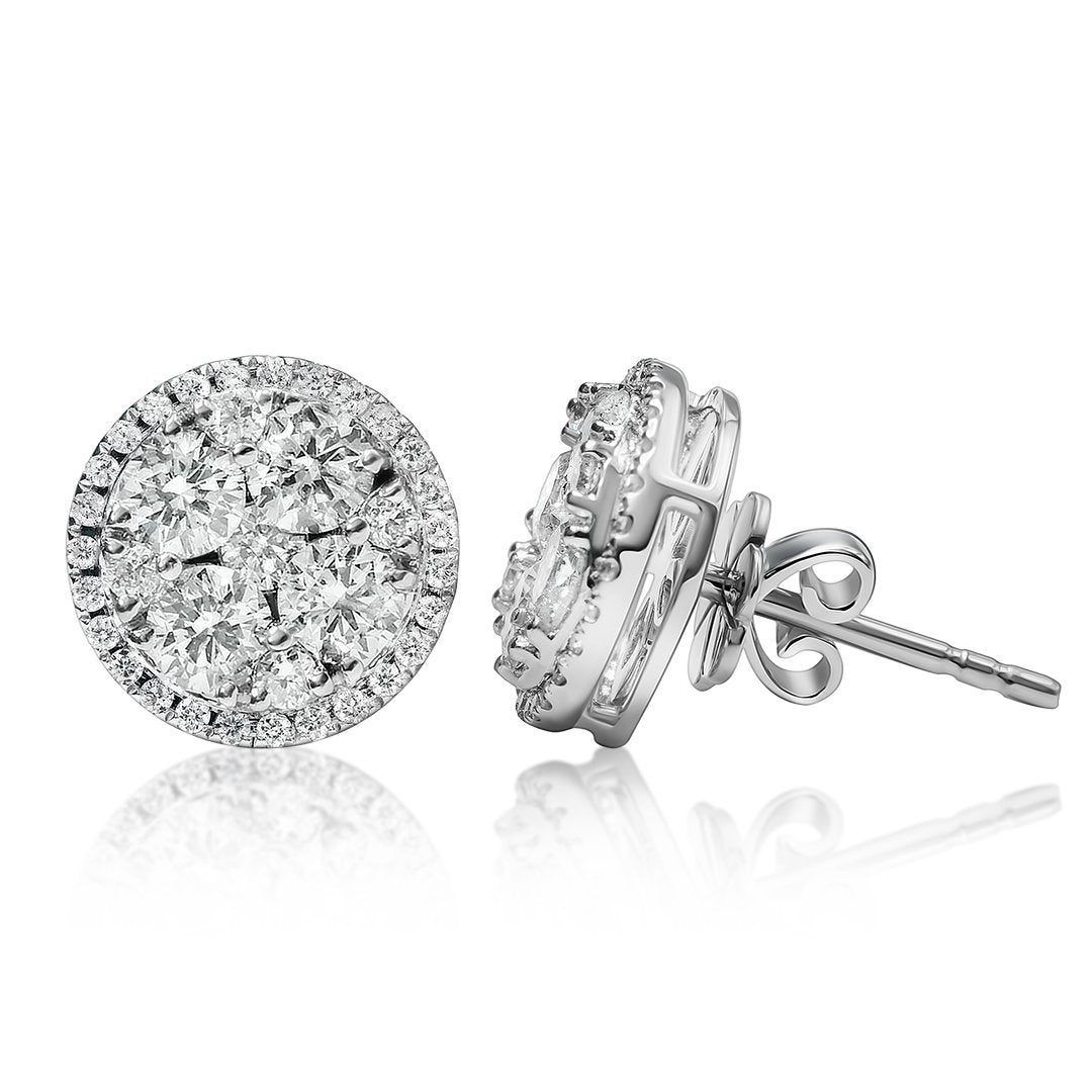 18K White Gold Round Shaped Two Carat Cluster Diamond Earrings