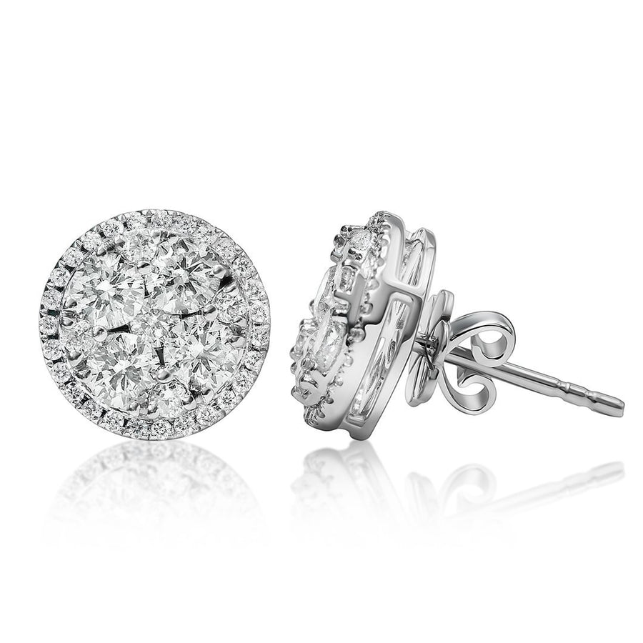 18K White Gold Round Shaped Two Carat Cluster Diamond Earrings