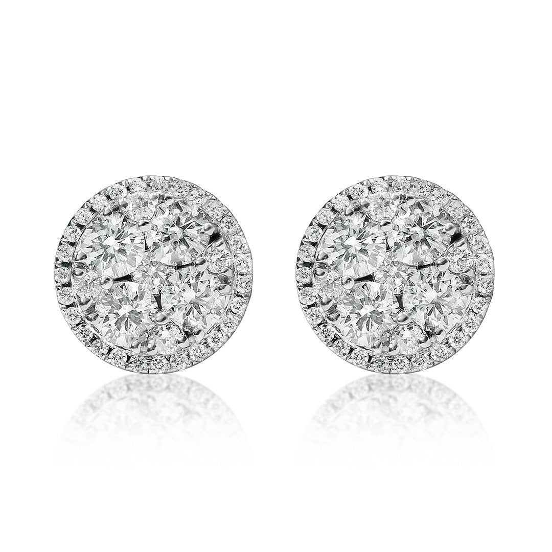 18K White Gold Round Shaped Two Carat Cluster Diamond Earrings
