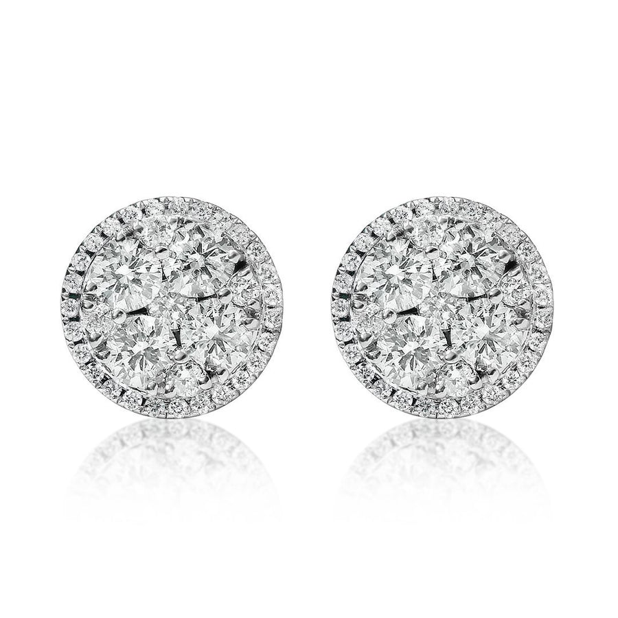 18K White Gold Round Shaped Two Carat Cluster Diamond Earrings