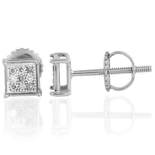White 10K White Solid Gold Small Unisex Classy Stud Earrings With White Diamonds 0.06 Ctw