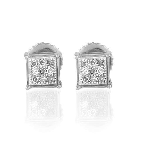 White 10K White Solid Gold Small Unisex Classy Stud Earrings With White Diamonds 0.06 Ctw