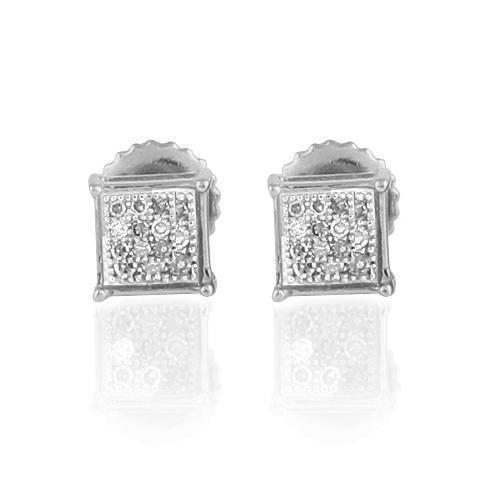 White 10K White Solid Gold Small Unisex Classy Stud Earrings With White Diamonds 0.10 Ctw
