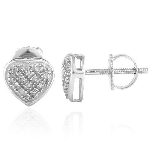 White 10K White Solid Gold Womens Small Heart Earrings With White Diamonds 0.10 Ctw