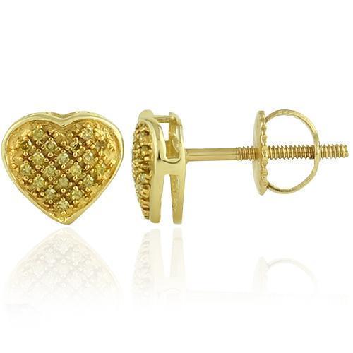 Yellow 10K Yellow Solid Gold Womens Small Heart Earrings With Yellow Diamonds 0.16 Ctw