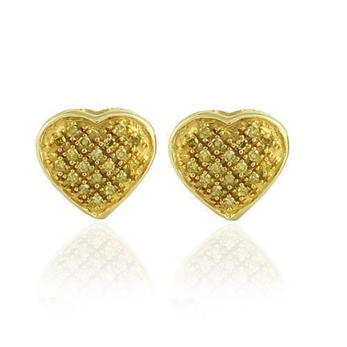 Yellow 10K Yellow Solid Gold Womens Small Heart Earrings With Yellow Diamonds 0.16 Ctw