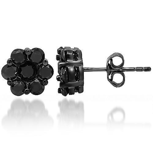 14K Solid Gold Black Rhodium Plated Cluster Diamond Stud Earrings