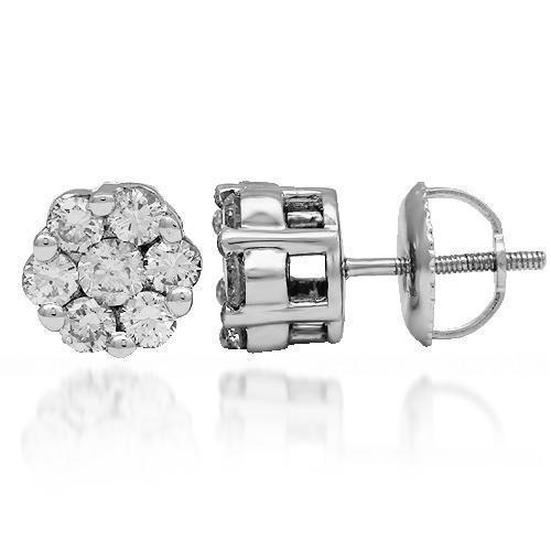 White 14K Solid White Gold Diamond Cluster Stud Earrings 0.95 Ctw