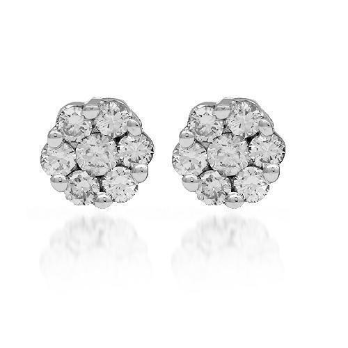 White 14K Solid White Gold Diamond Cluster Stud Earrings 0.95 Ctw