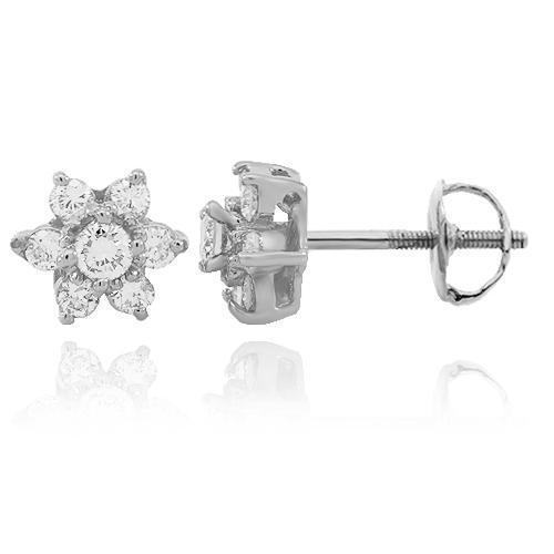 White 14K Solid White Gold Diamond Cluster Stud Earrings 1.00 Ctw