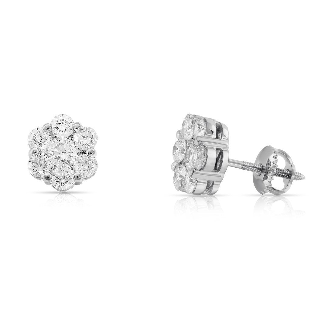 White 14K Solid White Gold Diamond Cluster Stud Earrings 1.15 Ctw