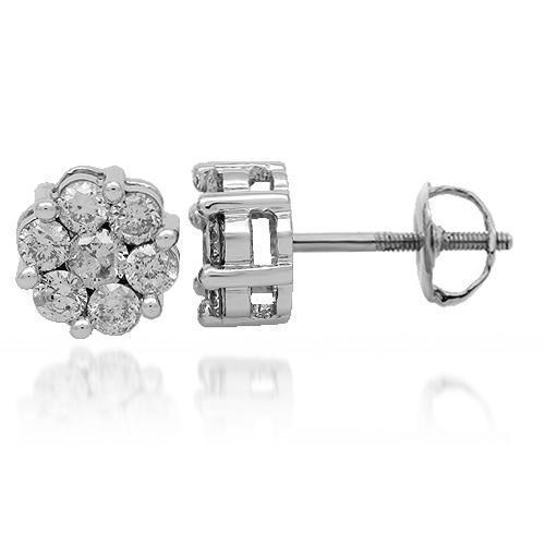 White 14K Solid White Gold Diamond Cluster Stud Earrings 1.35 Ctw