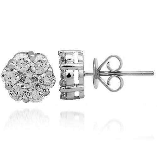 White 14K Solid White Gold Diamond Cluster Stud Earrings 1.43 Ctw