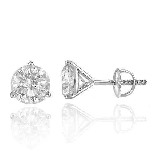 14K Solid White Gold Diamond Stud 3-Prong Earrings