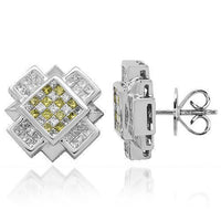 Thumbnail for 14K Solid White Gold Diamond Stud Earrings with Yellow Diamonds 1.95 Ctw